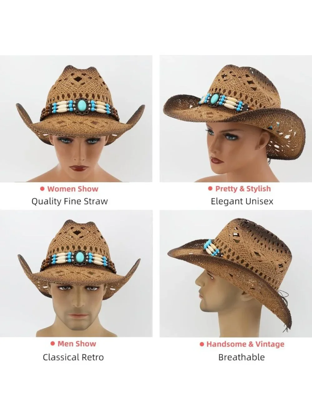Men's Khaki-m20 Straw Adjustable Wide Brim Sun Beach Western Cowgirl Cowboy Hat